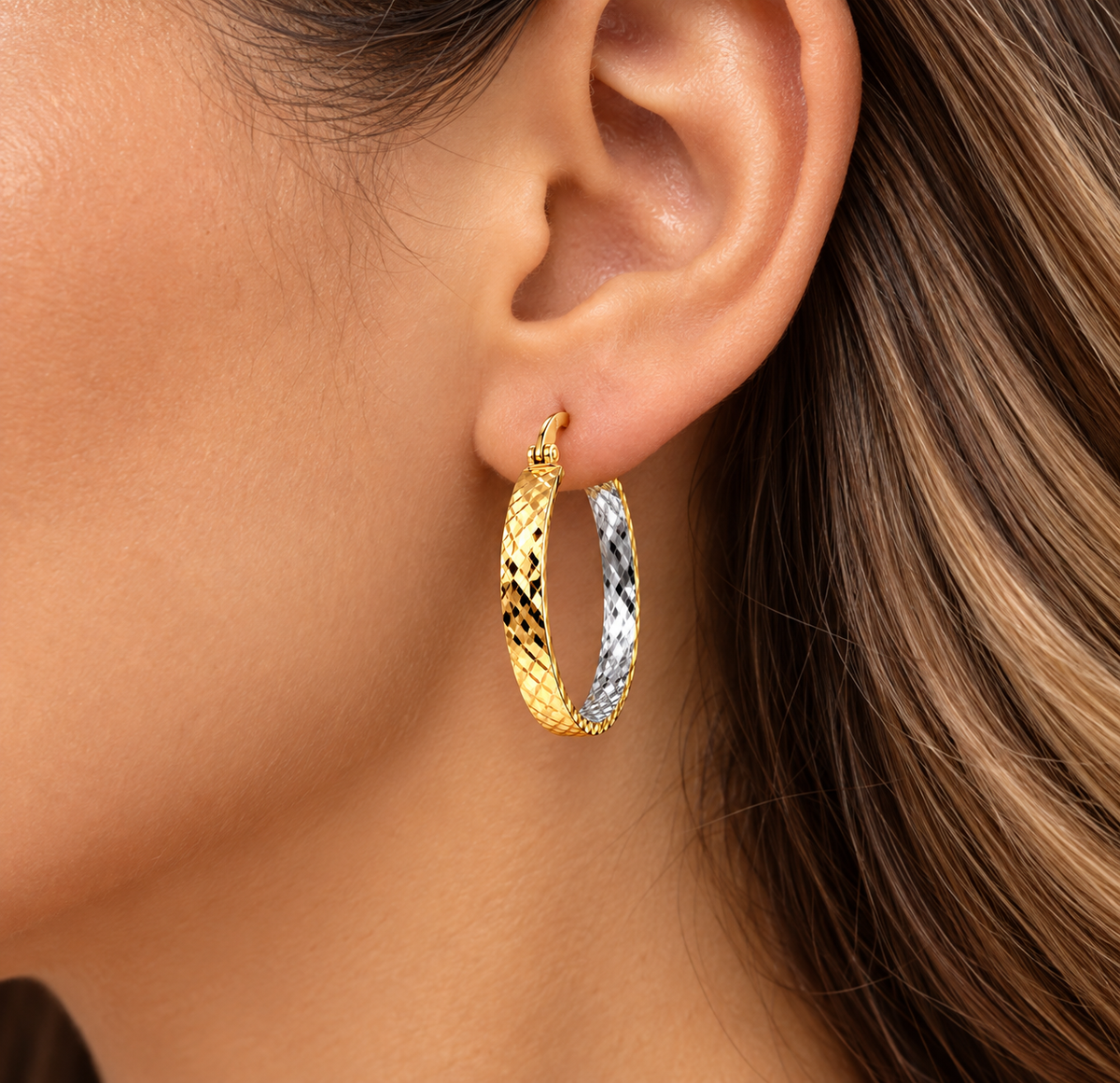 Italian 14K Solid Yellow Gold Two-Tone Diamond-Cut Hoop Earrings