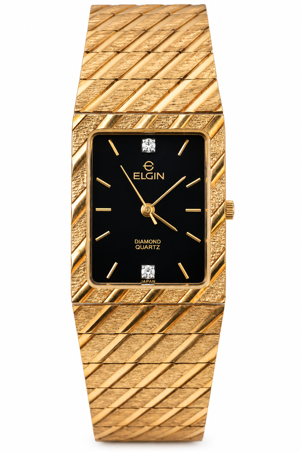 Vintage Elgin Gold-Tone Rectangular Quartz Watch with Black Dial