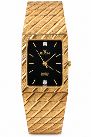 Vintage Elgin Diamond Quartz Gold-Tone Watch with Black Dial