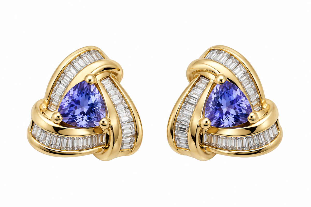 14K Yellow Gold Trillion Amethyst &amp; Diamond Lever Back Earrings