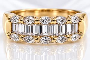 Ladies 14K Yellow Gold 2.65 Carat Diamond Baguette & Marquise Band Ring