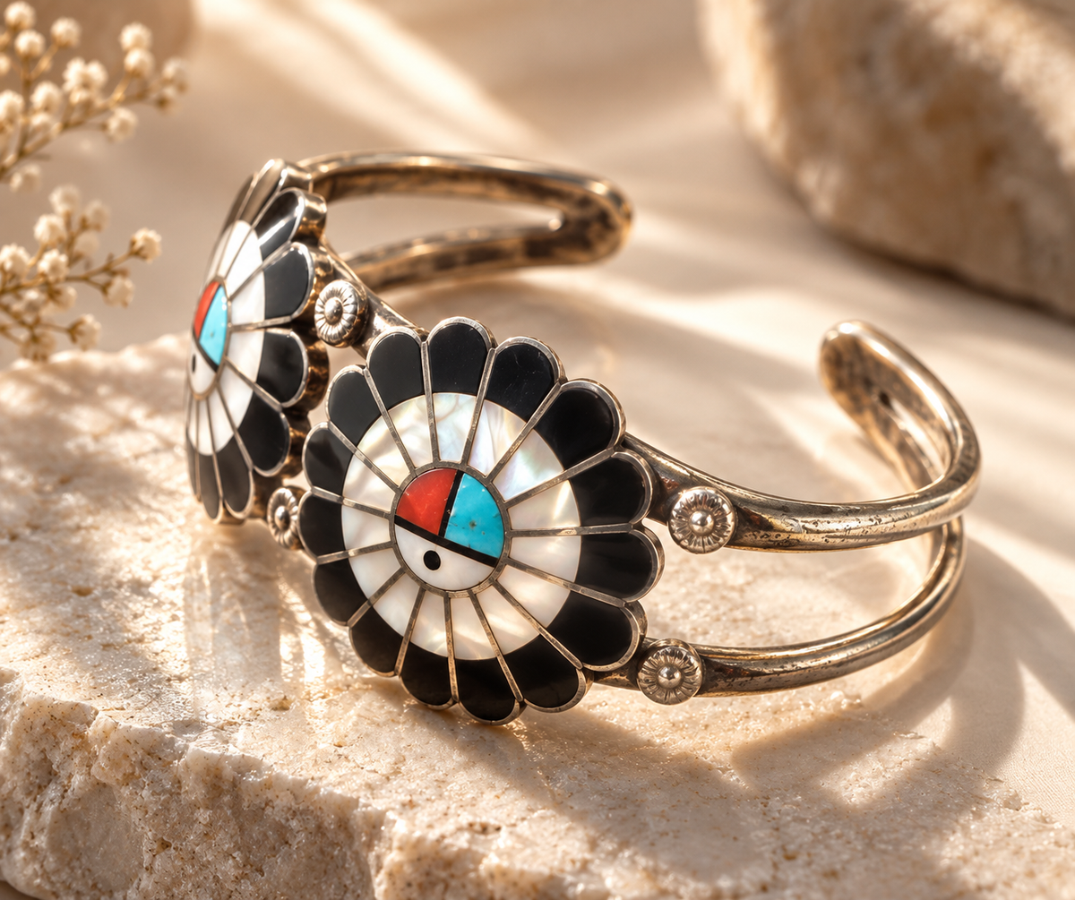 Sterling Silver Zuni Sun face cuff bracelet