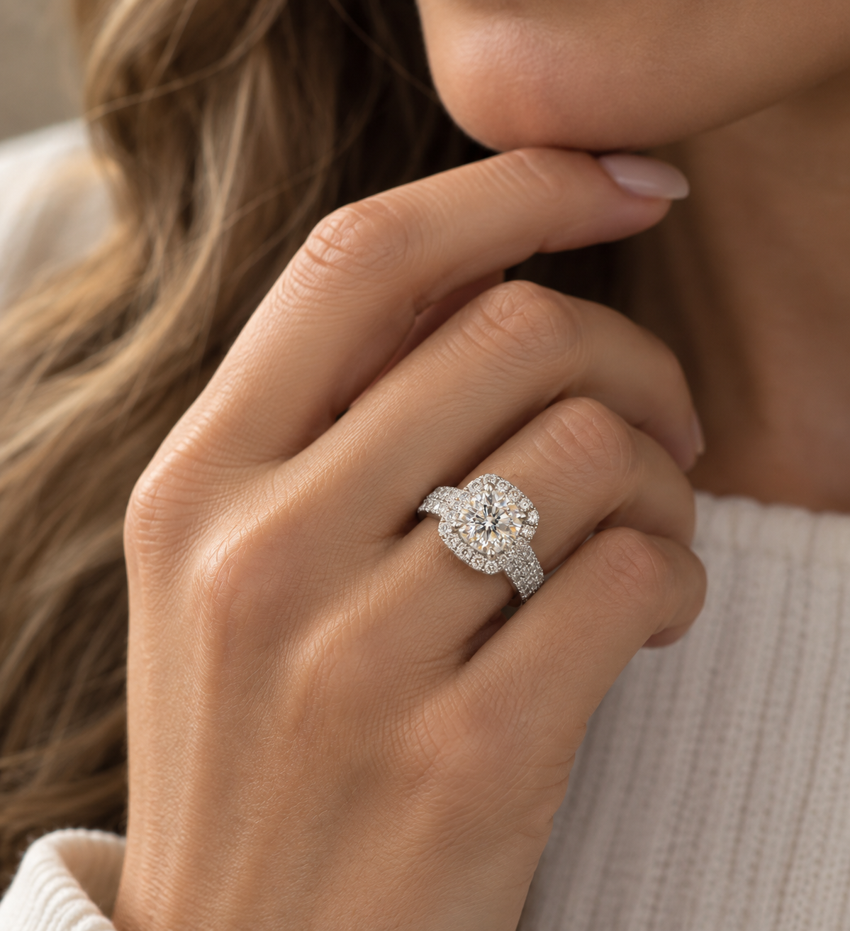 18KT solid white gold Cushion Halo Round Diamond Engagement Ring Triple Pavé Band