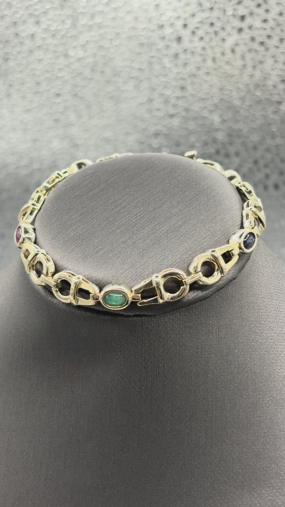 14 Karat Yellow Gold Italian Custom Colored Stone Link Bracelet