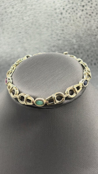 14 Karat Yellow Gold Italian Custom Colored Stone Link Bracelet