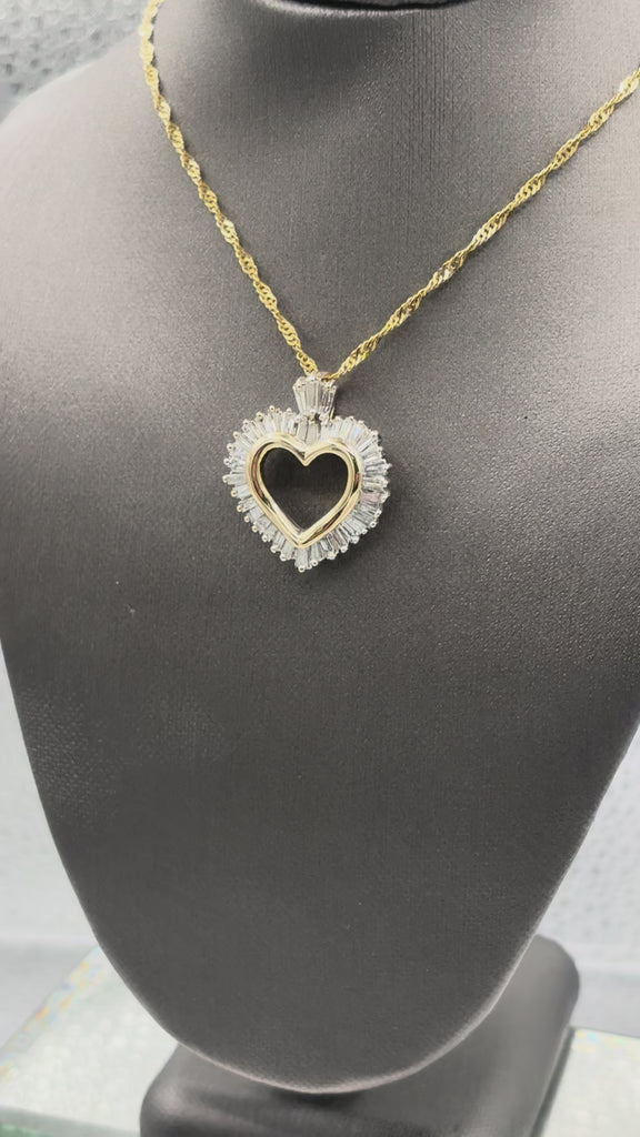 14 Karat Yellow Gold Baguette Diamond Heart Pendant