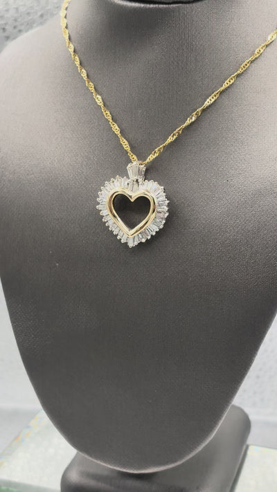 14 Karat Yellow Gold Baguette Diamond Heart Pendant