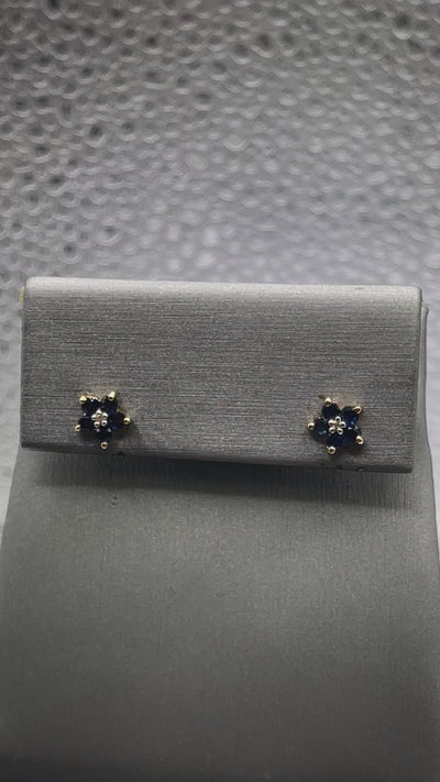Ladies 10 Karat Solid Yellow Gold Blue Sapphire and Diamond Floral Earrings