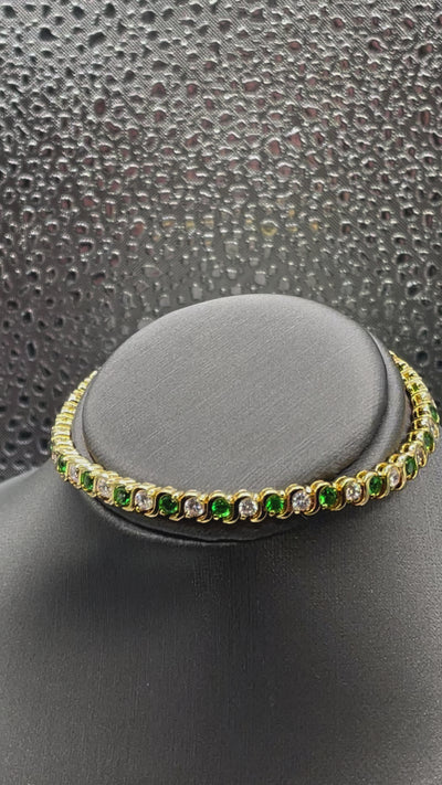 Ladies Gold Plated Sterling Silver Emerald and Diamond CZ Tennis Bracelet