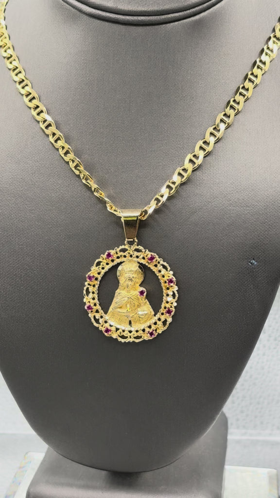 14 Karat Yellow Gold Anchor Link Chain & Blessed Mother Pendant