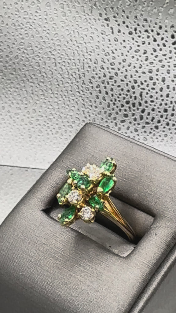 Movie of Ladies 14 Karat Yellow Gold Emerald & Diamond Cocktail Ring