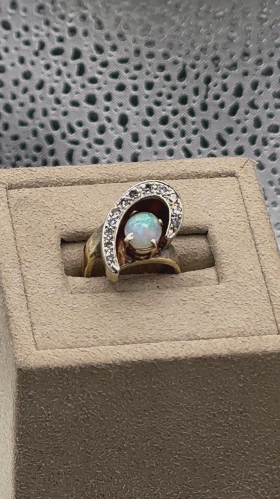 View of Ladies Vintage 14 Karat Yellow Gold Fire Opal & Diamond Ring