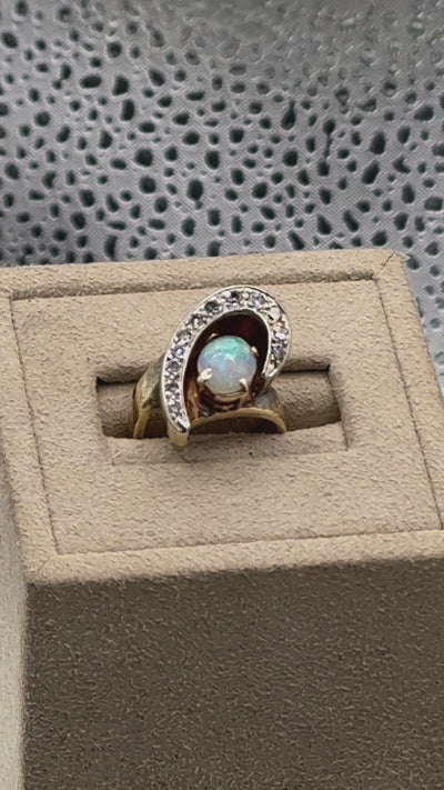 View of Ladies Vintage 14 Karat Yellow Gold Fire Opal & Diamond Ring