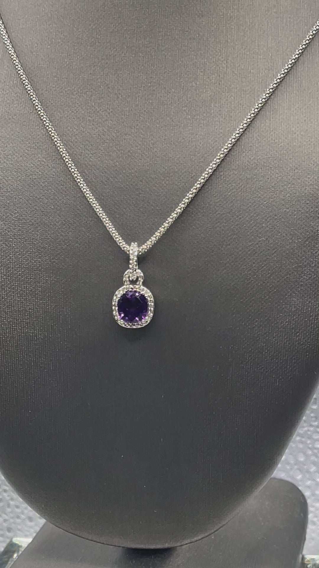 Ladies 10 Karat Solid White Gold Amethyst and Diamond Pendant