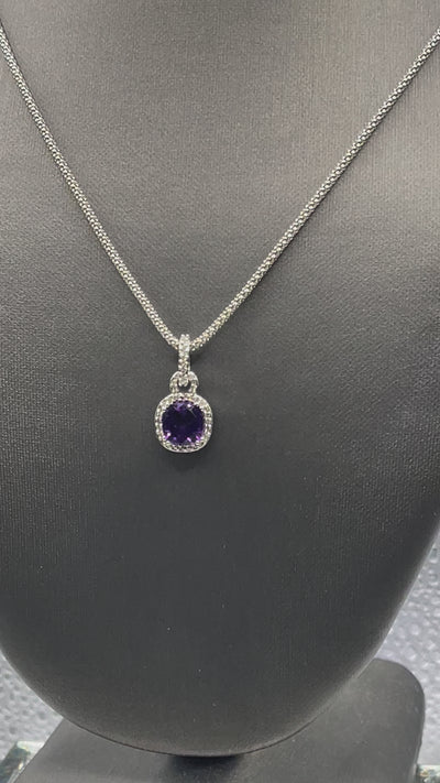 Ladies 10 Karat Solid White Gold Amethyst and Diamond Pendant