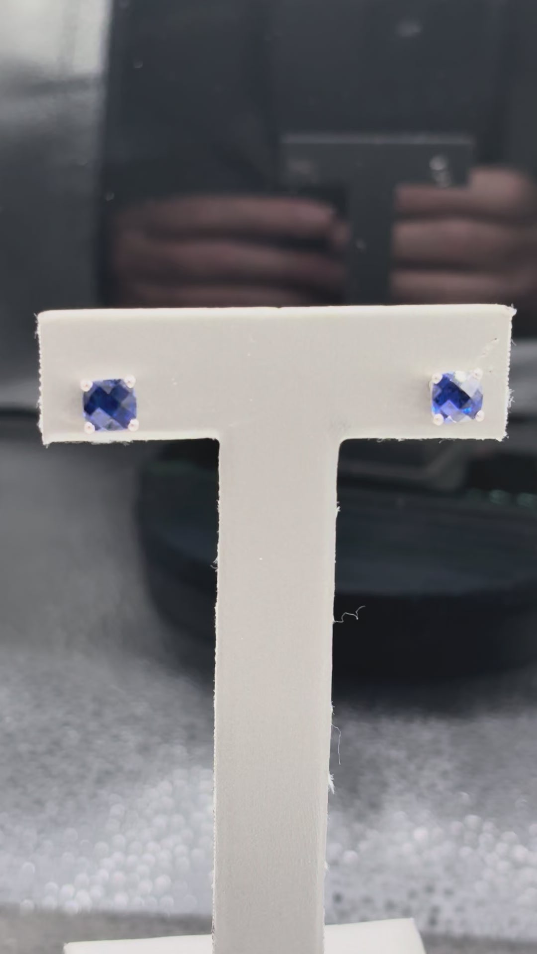 10kt solid white gold cushion cut sapphire with checkerboard design diamond stud earrings