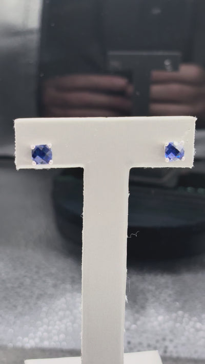 10kt solid white gold cushion cut sapphire with checkerboard design diamond stud earrings