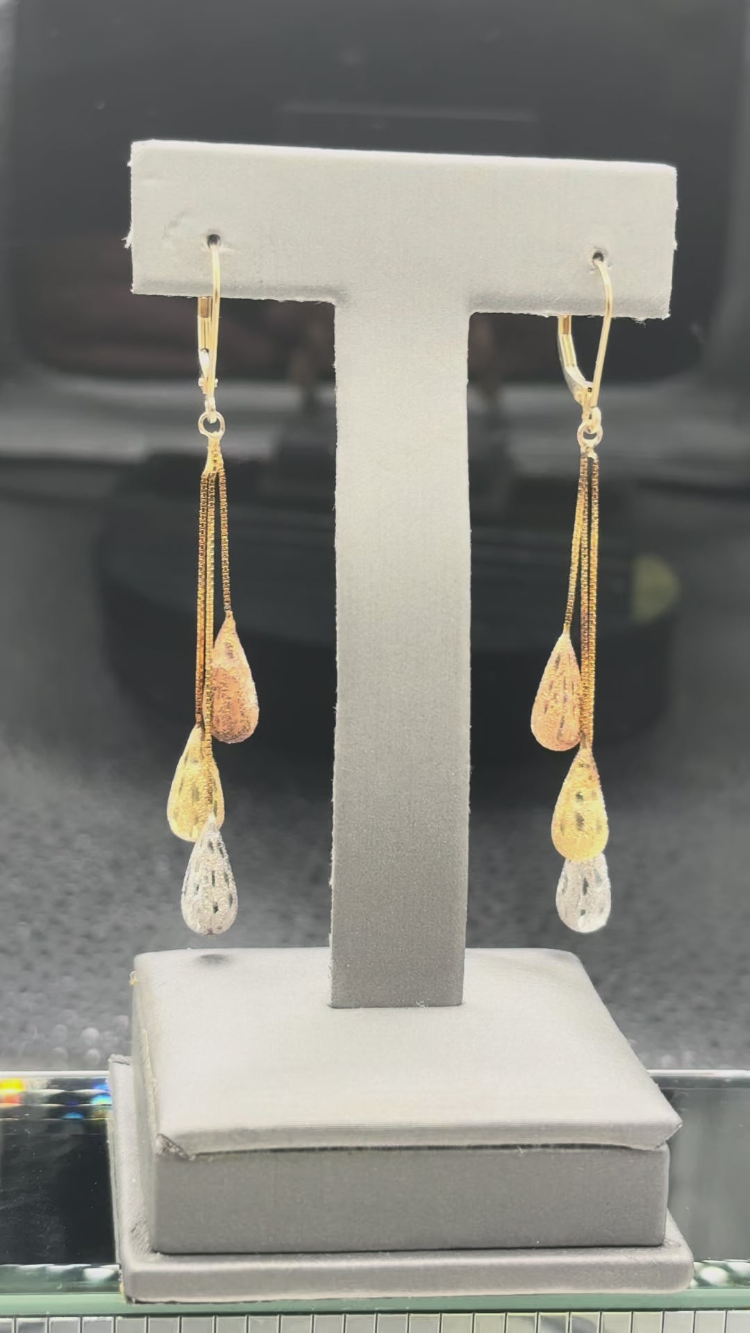 14kt Tri-color gold dangling teardrop earrings