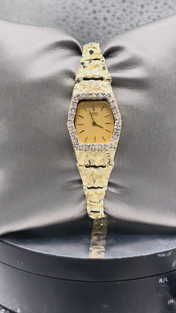 14 Karat Yellow Gold Vintage Ladies Seiko Diamond Nugget Watch