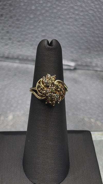 Ladies Gorgeous 14 Karat Yellow Gold Diamond Swirl Floral Cluster Ring