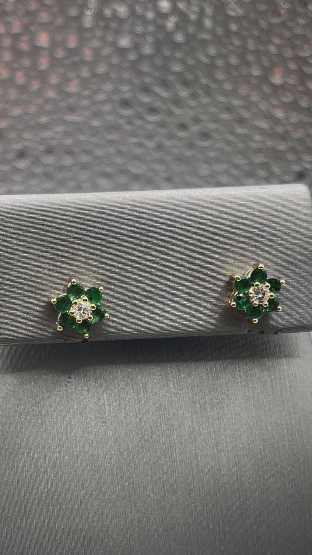 Ladies 14 Karat Solid Yellow Gold Emerald and Diamond Floral Earrings