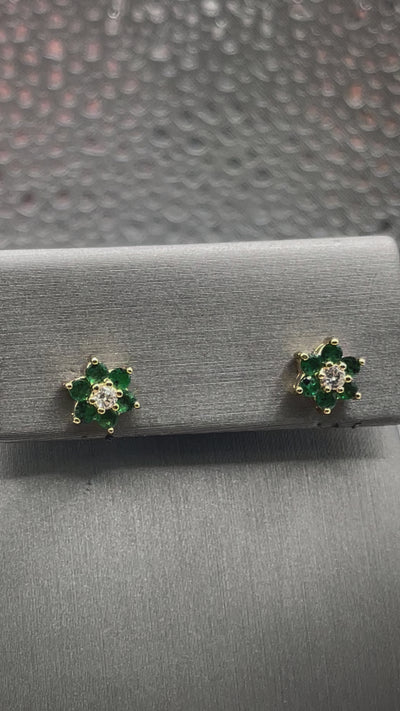 Ladies 14 Karat Solid Yellow Gold Emerald and Diamond Floral Earrings