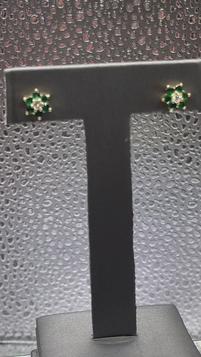 Ladies 14 Karat Solid Yellow Gold Emerald and Diamond Floral Earrings