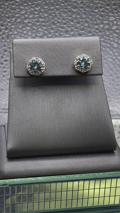Ladies 14 Karat White Gold Aquamarine & Diamond Stud Earrings