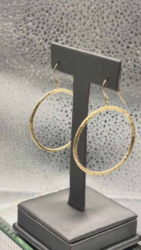 14 Karat Yellow Gold Diamond Cut Textured Hoop Wire Earrings