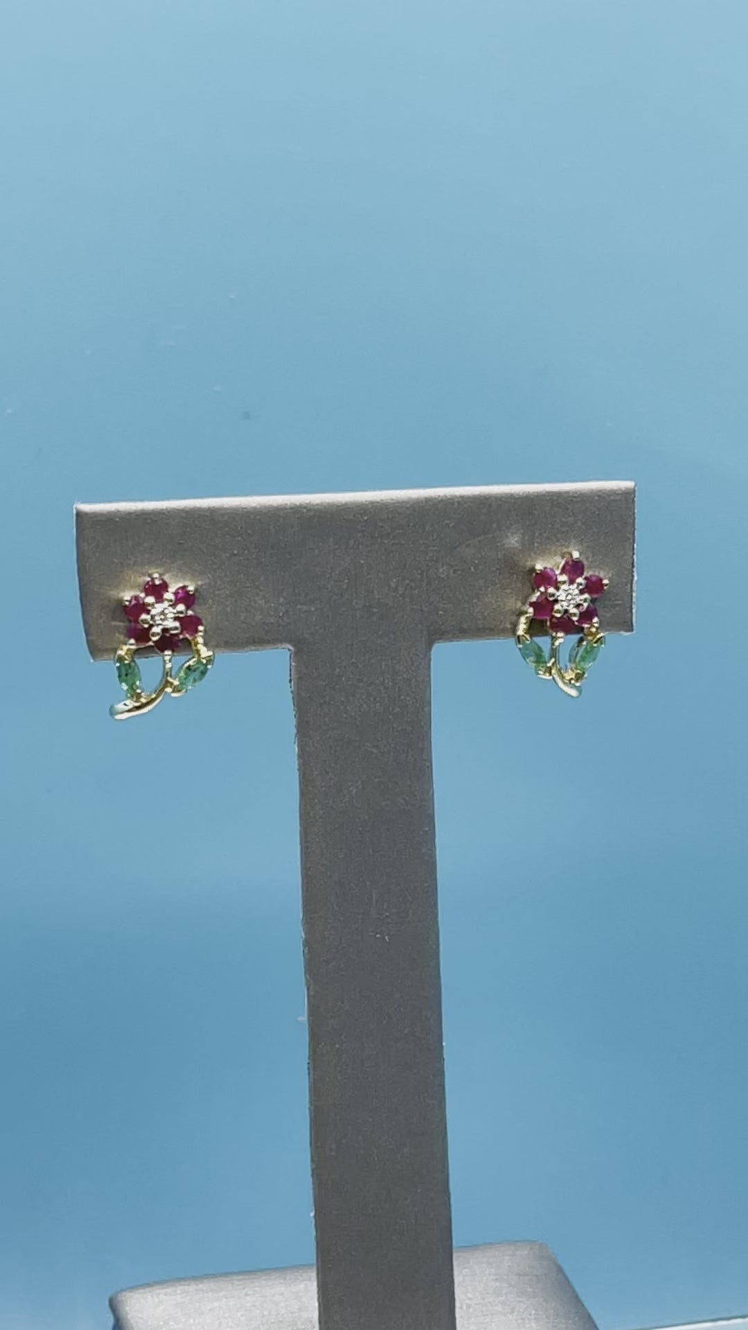 Ladies 14 Karat Gold Ruby Diamond & Emerald Floral Earrings
