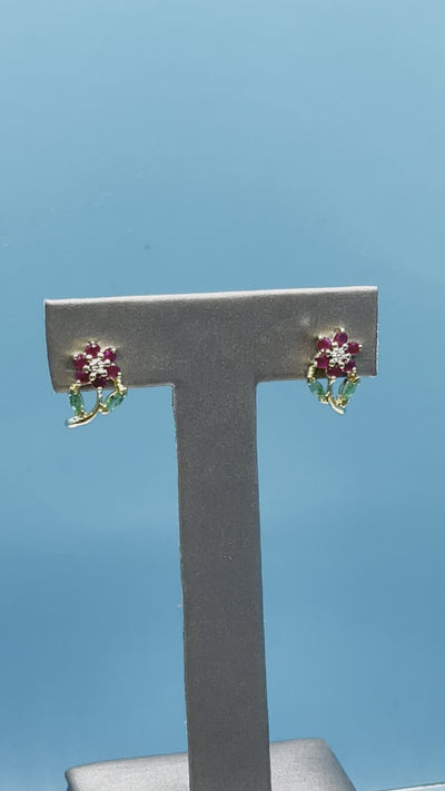 Ladies 14 Karat Gold Ruby Diamond & Emerald Floral Earrings