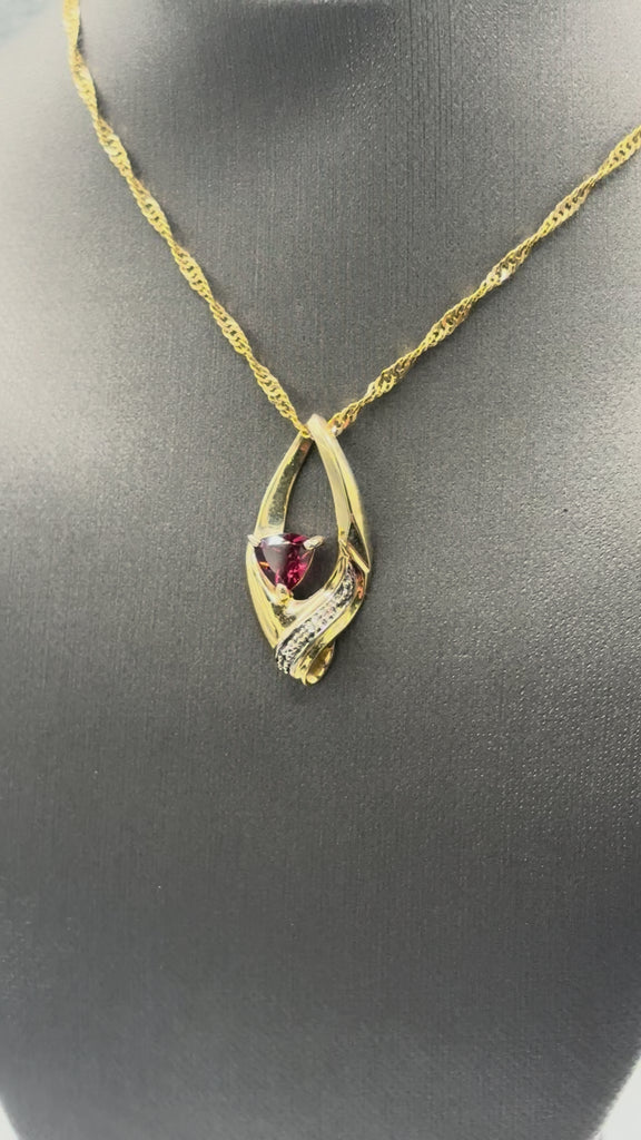 10 Karat Yellow Gold Triangle Shape Garnet & Diamond Pendant