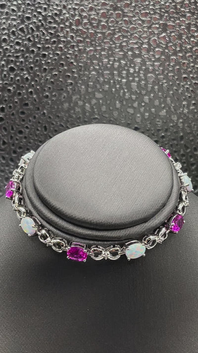 Sterling Silver Bracelet with Opals and Pink Zircon Stones