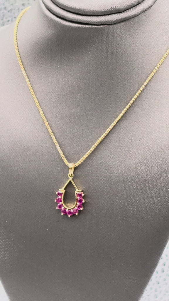 14 Karat Yellow Gold Ruby Horseshoe Pendant Popcorn Necklace