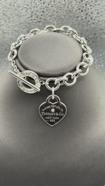 Tiffany & Co Sterling Silver Diamond Heart Toggle Bracelet