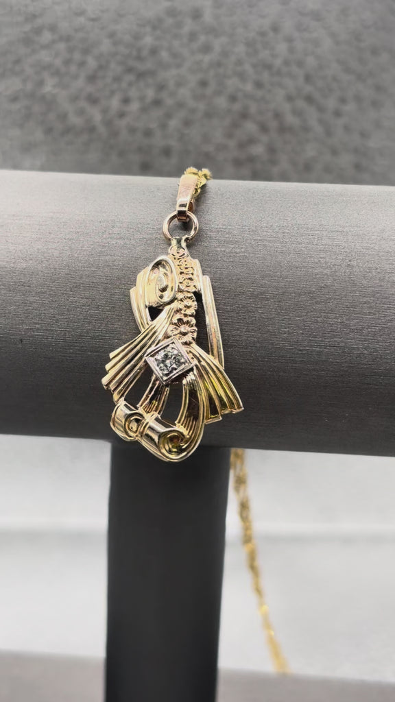 14 Karat Yellow Gold Diamond Art Nouveau Floral Ribbon Pendant