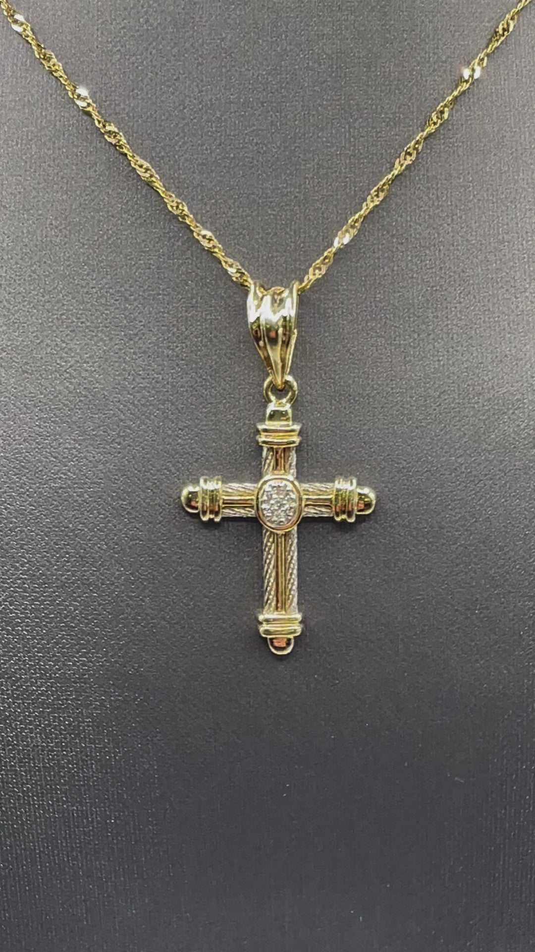Ladies or Gents 14 Karat Solid Two-Tone Gold and Diamond Cross Pendant