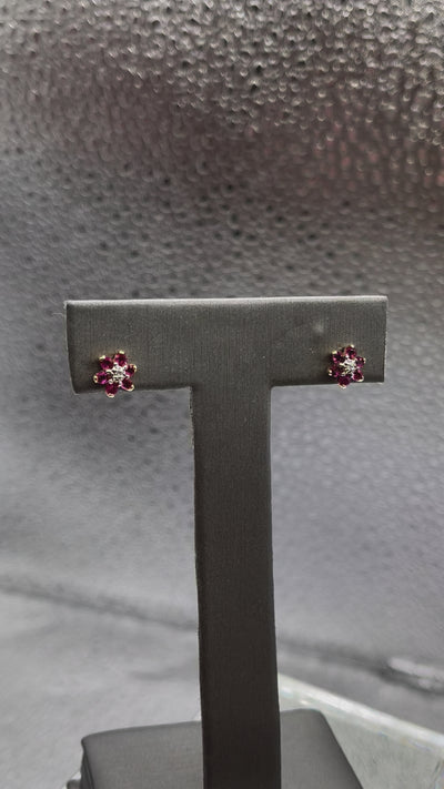 Ladies 14 Karat Gold Ruby and Diamond Floral Stud Earrings