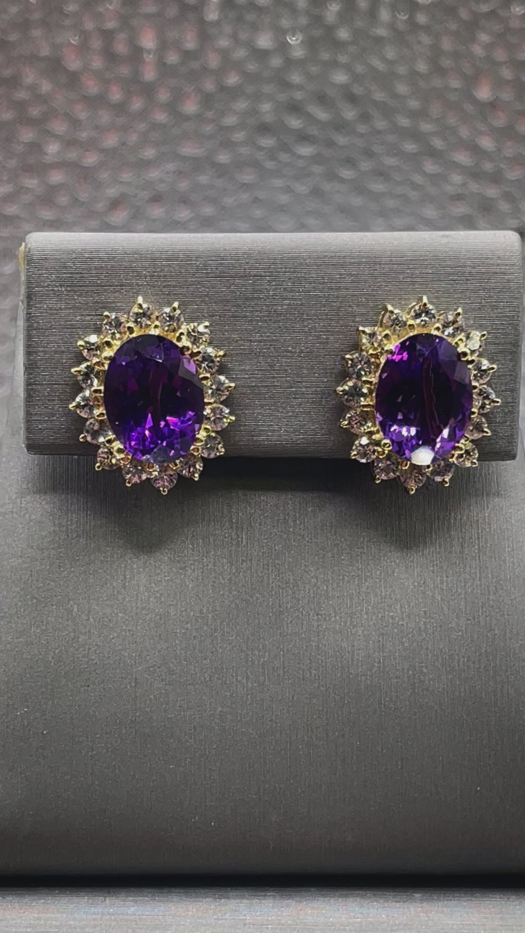 Movie of Ladies 14 Karat Oval Yellow Gold Amethyst and Cubic Zircon Earrings