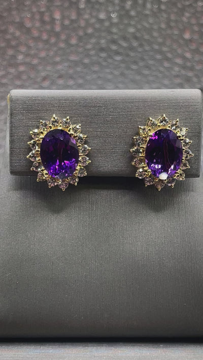 Movie of Ladies 14 Karat Oval Yellow Gold Amethyst and Cubic Zircon Earrings