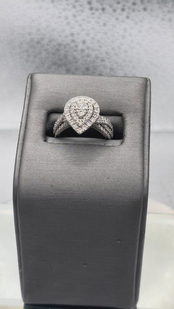 Ladies 14 Karat White Gold Teardrop Triple Diamond Halo Ring