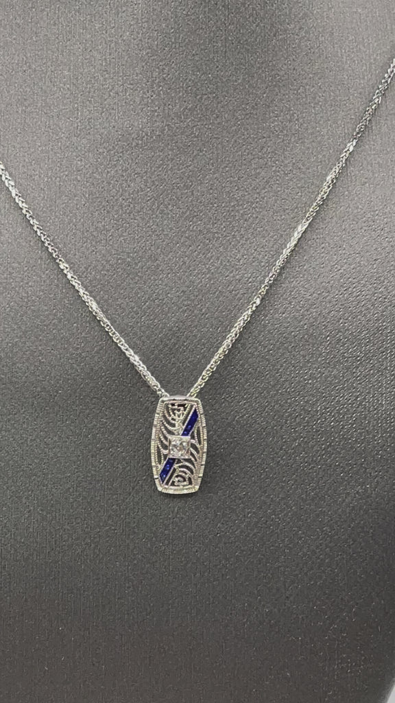 Movie of Ladies Antique 14 Karat White Gold Sapphire Enamel & Diamond Pendant