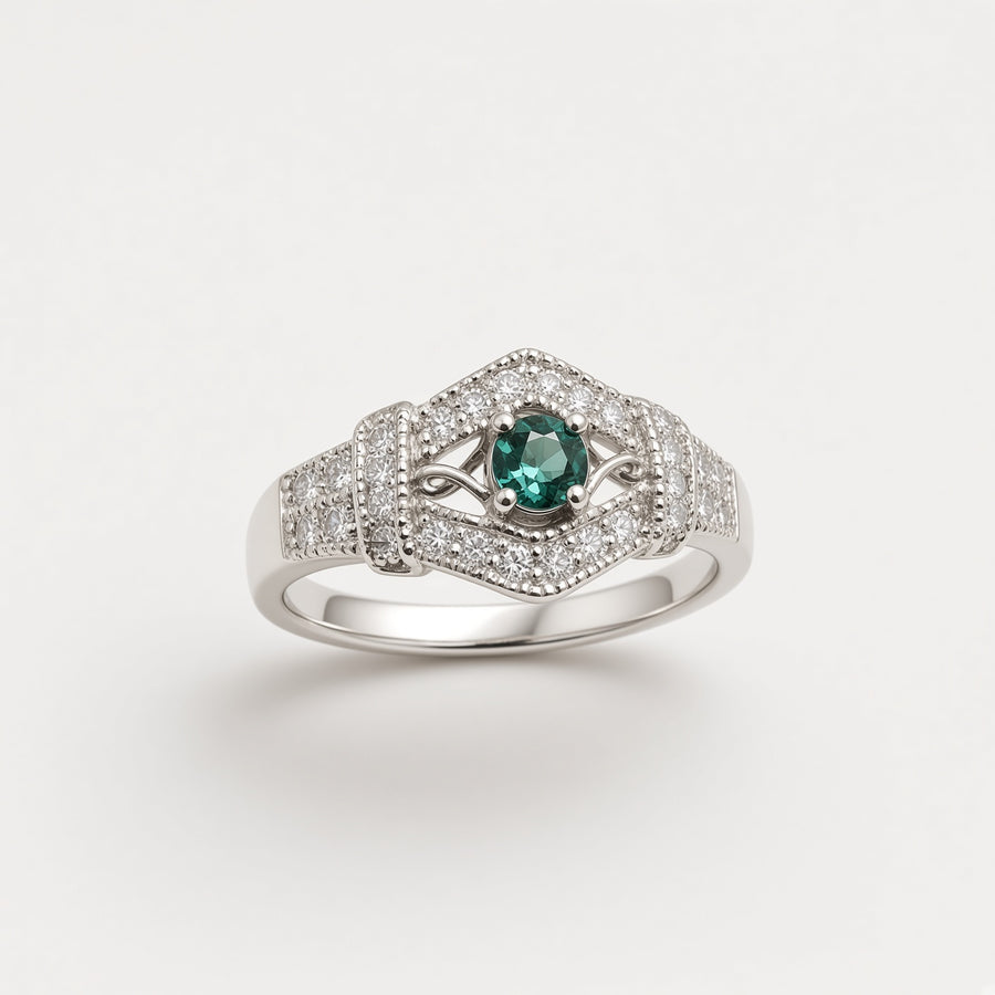 18KT White Gold Antique Blue Sapphire & Diamond Ring