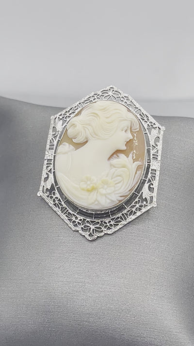 Movie of Ladies Beautiful Vintage 10 Karat White Gold Filagree Cameo Pin