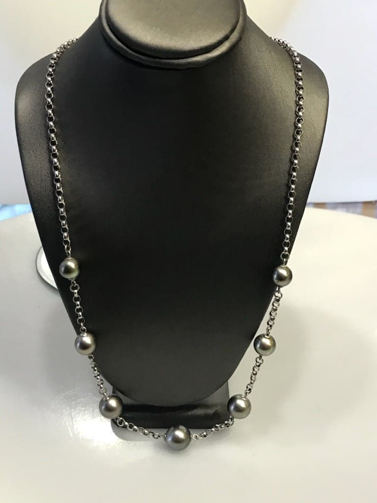 Handmade Black Rolo Link Toggle Necklace with Cotton Pearl Pendant