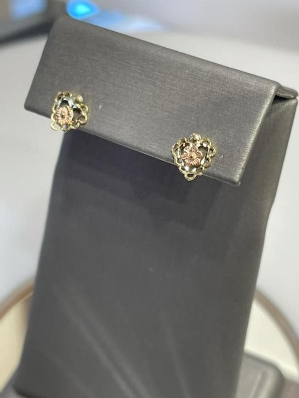 View eight of 14KT Yellow & Pink Gold Heart Shaped Floral Post Earrings
