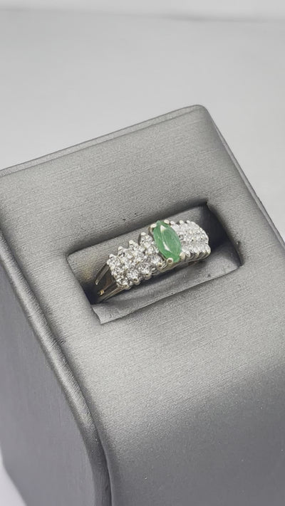 14K Yellow Gold Marquise Cut Emerald And Diamond Ring Pyramid Style Ring Green & White