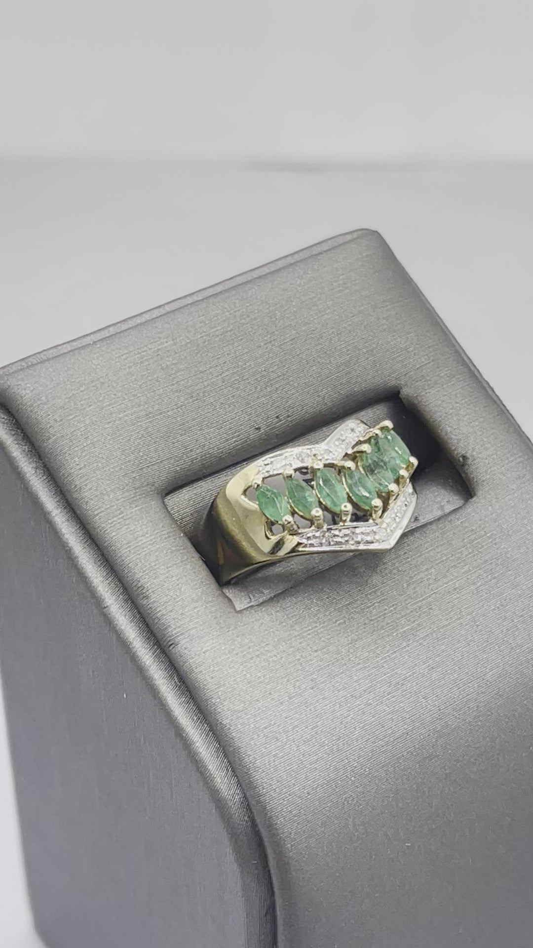 14 Karat Yellow Gold Marquise Shaped Emeralds And Pave Diamond Ring