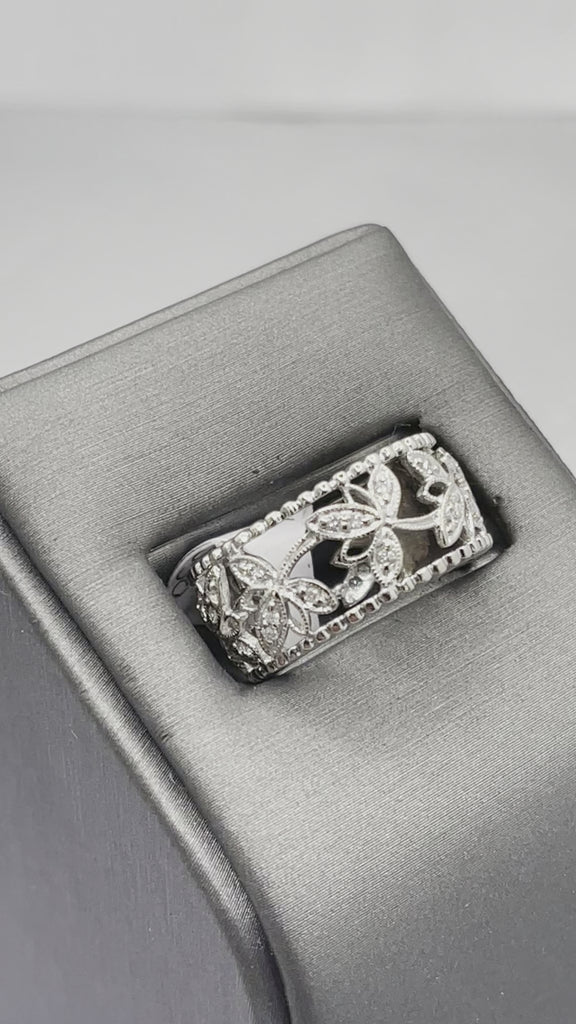 movie of 14 Karat White Gold Diamond Band Beautiful Floral Leaf Design Through Ring