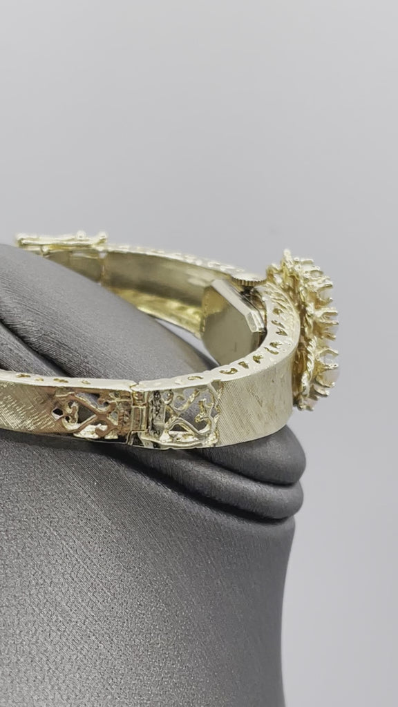 Movie of 14 Karat Yellow Gold Heavy Filigree Opal Bracelet With Swiss Watch Insert